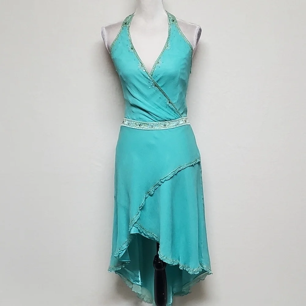 Vintage 90s Laundry by Shelli Segal Aqua Silk Chiffon Sequin T-Back Hi-low Dress - Picture 4 of 16